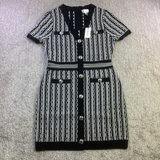 Milly Black White Scallop Textured V Neck Knit Mini Dress Size M NWT