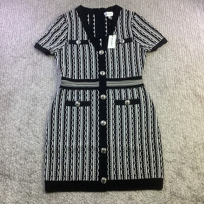 Milly Black White Scallop Textured V Neck Knit Mini Dress Size M NWT