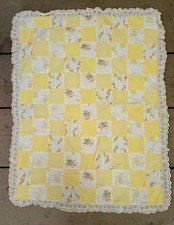 Vintage Handmade Patchwork Nylon Baby Quilt Eyelet Lace Floral Gingham Flocked