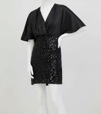 Eliza J Women's Black V-Neck Satin Sequined Elbow Sleeve Dress Sz 2