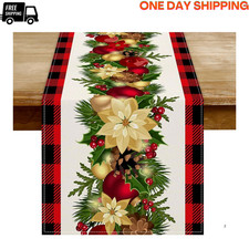 Christmas Table Runner - Xmas Balls Flowers Red Buffalo Plaid Check Winter Holid