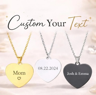 Custom Engraved Heart Necklace, Personalized Name Pendant, Gold Silver Black Sta