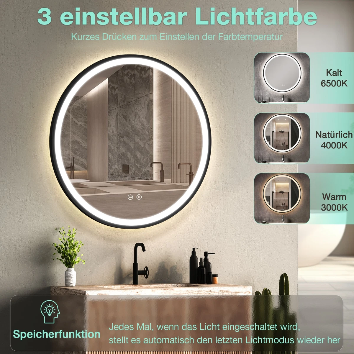 Runder LED Bad Spiegel mit Licht 50 cm Touch-Schalter, Dimmbar, 3 Lichtfarben
