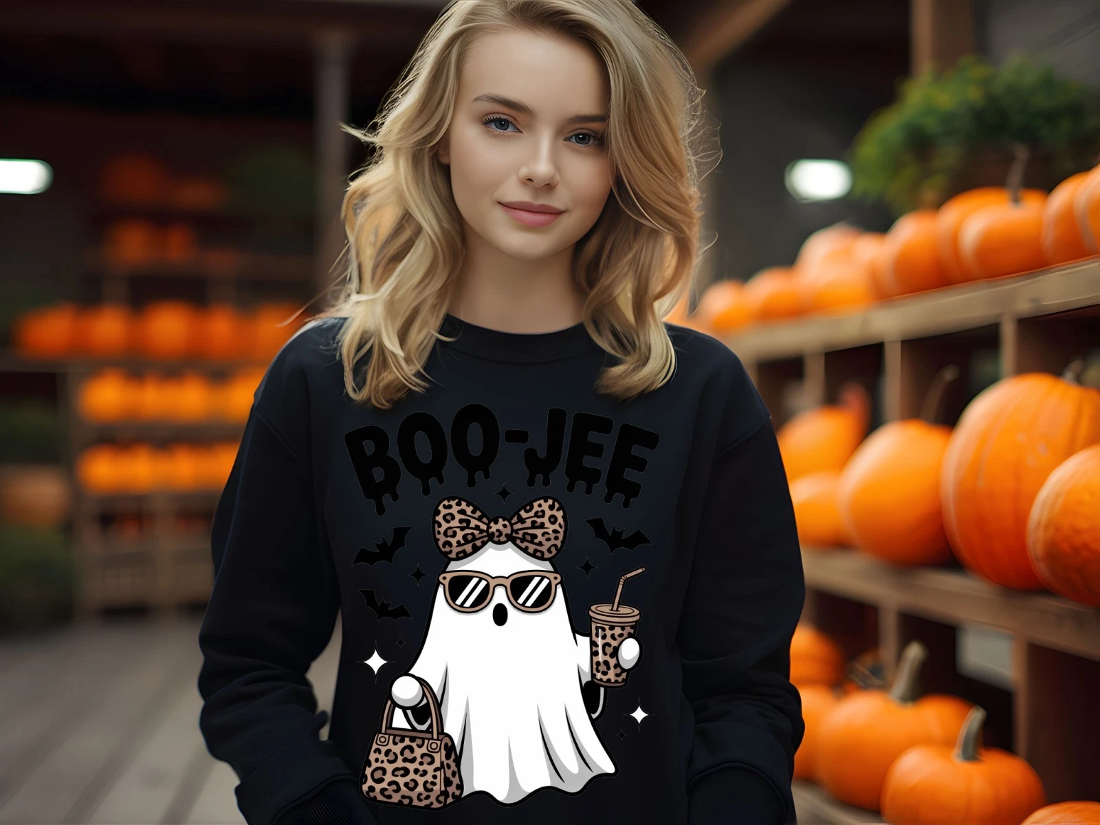 Boo-Jee Ghost Sweatshirt Leopard Print Cute Funny Fall Spooky Womens Gift
