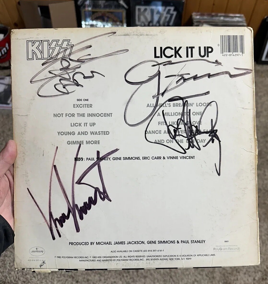 kiss Lick It Up album Signed Paul Stanley Gene Simmons Eric Carr