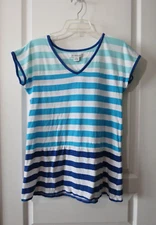 Liz Claiborne Cotton Blend Blue Striped Cap Sleeve V-Neck Beach Tunic T-Shirt S