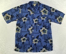 Islander Hawaiian Shirt Mens S Blue Black Beige Hibiscus Flowers Beach