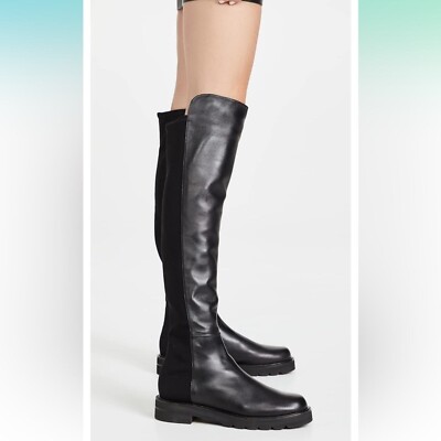 Stuart Weitzman Black 5050 Lift Knee High Pull-On Leather Boots Sz 6.5