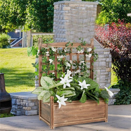 Large Wooden Planter Box Stand Flowerpot Box w/ Trellis Support Patio Lattice - Picture 4 of 16