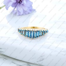 Baguette Cut Blue Topaz Half Eternity Ring 925Sterling Silver Yellow Gold Plated