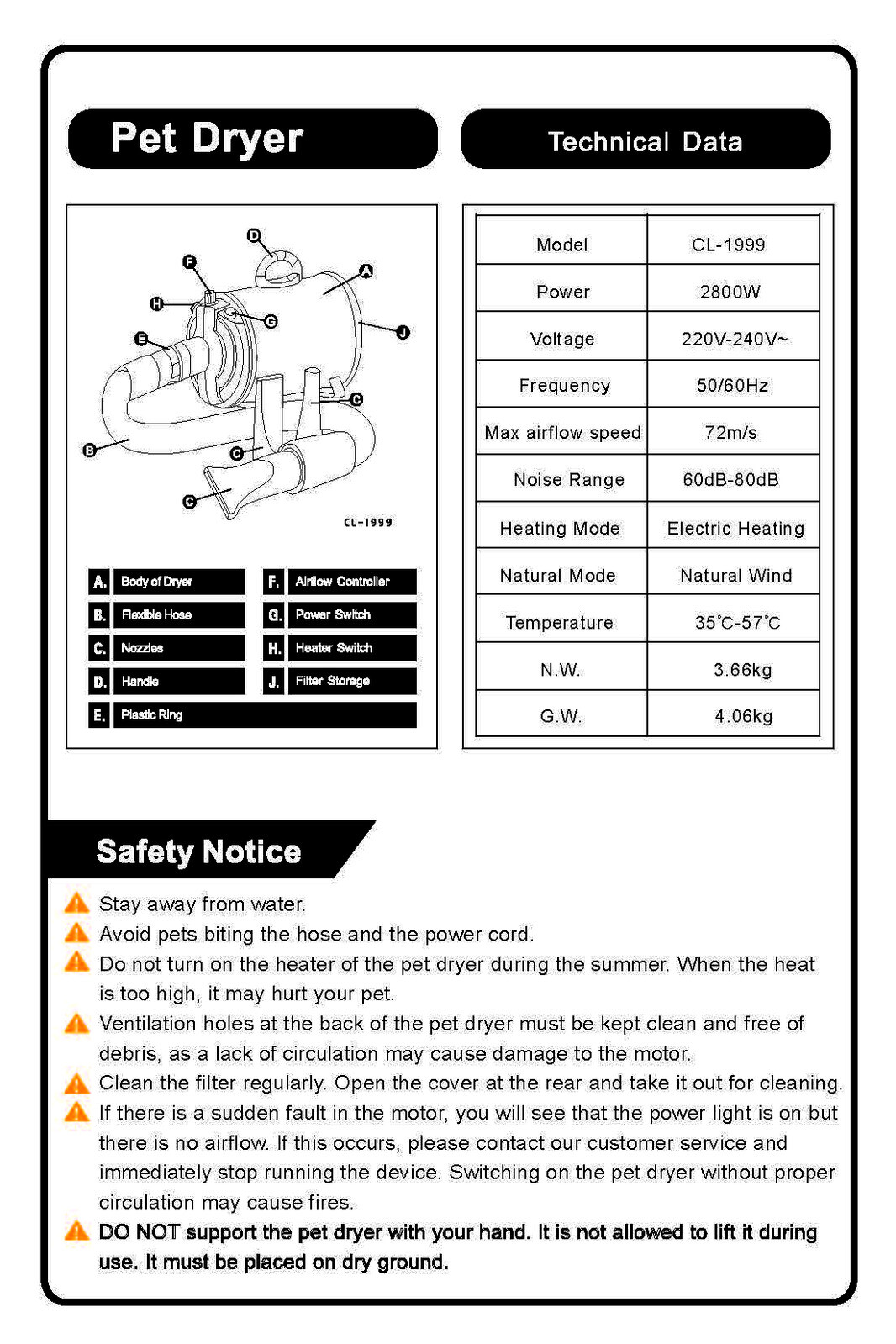 2800W Pet Hair Dryer Dog Cat Grooming Blow Speed Hairdryer Blower
