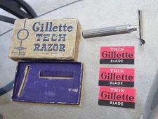 Vintage Gillette Tech Razor with Box and (3) Thin Gillette Blades  FREE SHIP