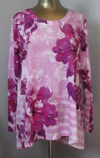 Time & Tru Pink/Purple Floral/Striped Top Womens L 12-14 Chest 43 LS 321-31414
