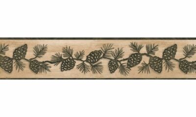 Dark Green Pine Cones on Beige Crackle Lodge Wallpaper Border SB10283B