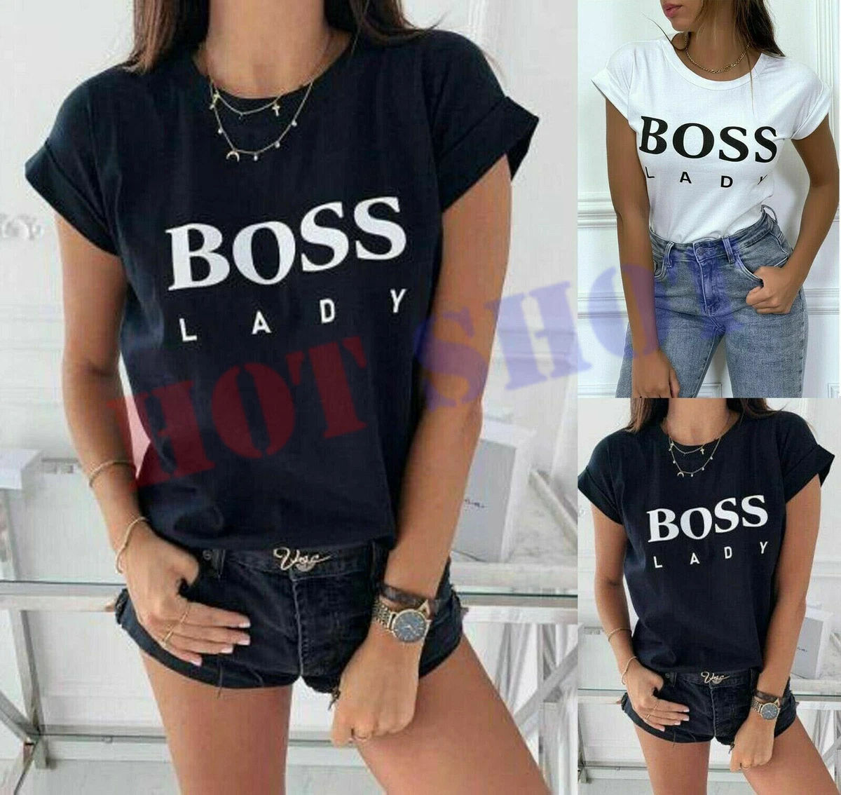New Womens Summer Oversized Ladies Boss T Shirt Short Sleeve Fashion Tee Top UK