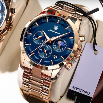 POEDAGAR Chronograph Men's Quartz watch Steel Waterproof Luminous Wrist Watch