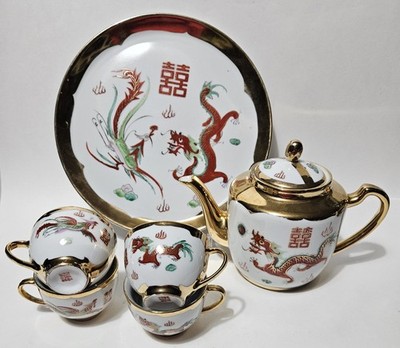 Red Dragon Phoenix Gold Leaf Asian Porcelain Tea Pot, 4 Cups, Serving Plate