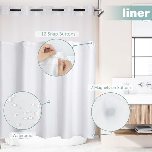 No Hook Shower Curtain with Snap in Liner Set, Modern White Waffle Weave - Picture 7 of 8