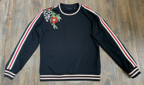 Ted Baker Maddeyy Floral Embroidered Top Black Long Sleeve Sporty Luxury Sz 2 =M
