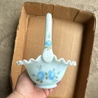 Fenton Hand Painted Blue Floral Glass Decorative Basket w/ Handle Ruffled Rim