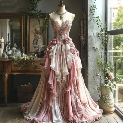 pink victorian wedding dress Pink Cathedral Wedding Dress Vintage 3D Flowe Applique Wedding Gown AWD1414