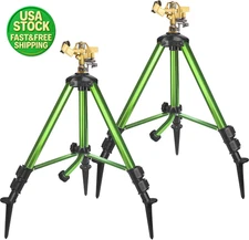 2 Pack Impact Sprinkler on Tripod 360° Adjustable Brass Head Large Area Lawn
