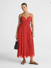 Madewell $168 Mesh Gathered V-Neck Midi Dress in Cherry Red Size XS