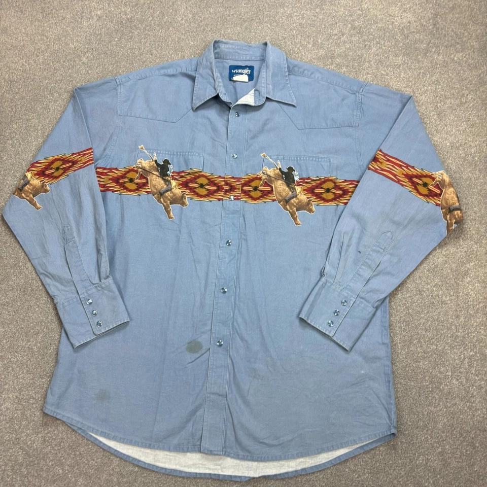 Wrangler Denim Shirt Adult Extra Large Blue Brushpopper Rodeo Cowboy Snap Men - Image 2 of 4