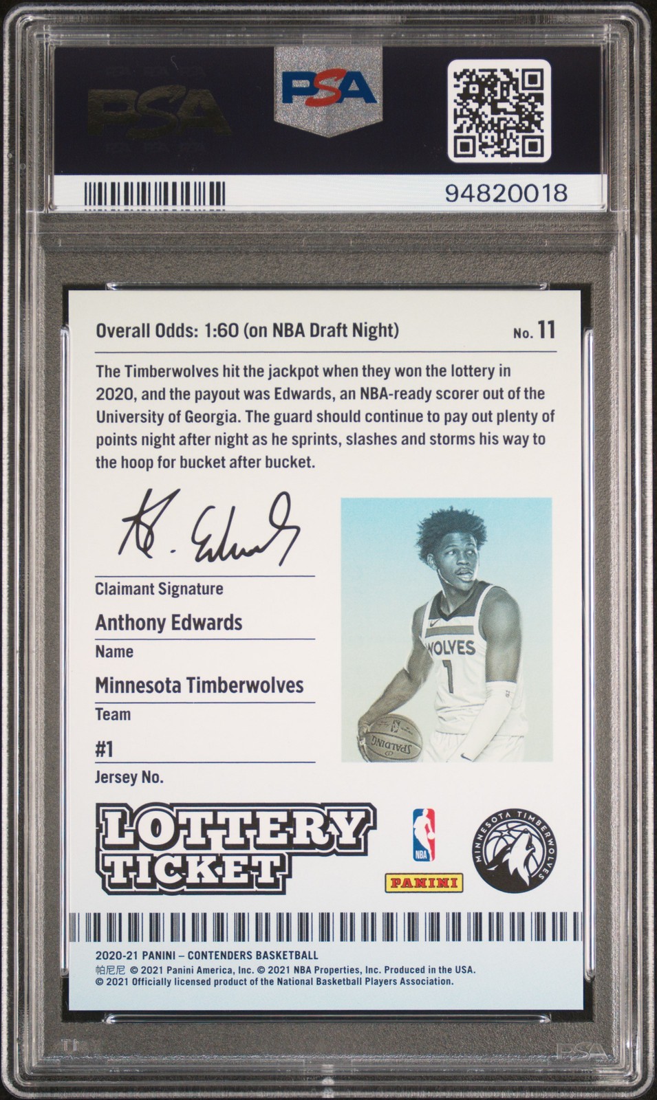 2020 CONTENDERS LOTTERY TICKET #11 ANTHONY EDWARDS PSA 10 view 2