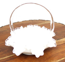 Fenton Silver Crest Milk Glass Basket with a Clear Ruffled Rim & Handle Vintage