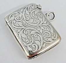 FINE ANTIQUE EDWARDIAN SOLID STERLING SILVER  VESTA CASE Birmingham C.1905