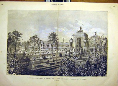 Original alter antiker Druck Brüsseler Schloss Parkblick Belgien Gebäude 1880 19.