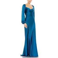 Mac Duggal 495191 Ocean Blue Evening Gown Satin Long Sleeve A-Line Dress Size 20