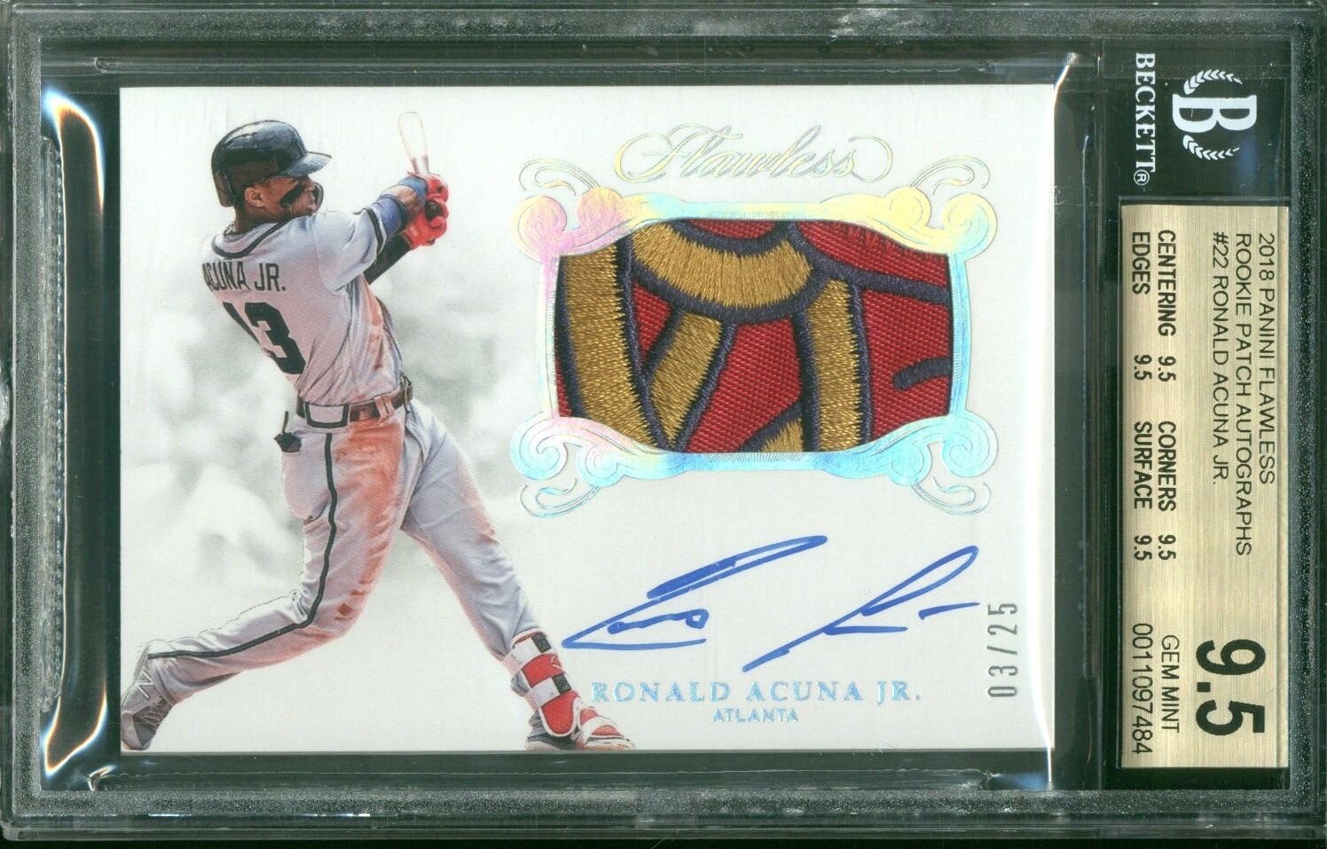 2018 FLAWLESS ROOKIE PATCH #22 RONALD ACUNA JR. RC /25 4SC ELITE BGS 9.5 AUTO 10 view 3