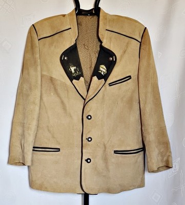 JACKET VINTAGE ALPHORN TRACHTEN OKTOBERFEST DIRNDL BEIGE LEATHER MENS US 42 EU52