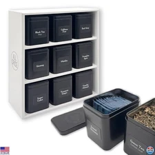 AllSpice Tea Organizer Rack with 9 Tins & 160 Magnetic Labels – Perfect for