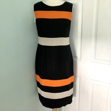 Debenhams Linen Mix Shift Dress Black With Orange & Beige Stripes Size 12
