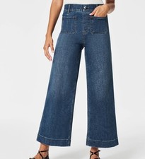 Spanx Cropped Wide Leg Blue Jeans Patch Pockets Women's Medium Wide Hem Boho