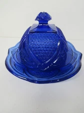 Heavy Cut Glass Cobalt Blue Round Covered Butter Dish With Dome Free Shipping