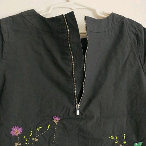 Bonpoint Top Blouse Girl 10 Black Gray Embroidery Floral Short Sleeve Cotton Zip - Picture 6 of 8