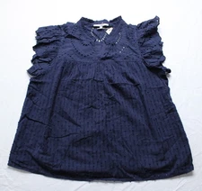 Daniel Rainn Women's Flutter Sleeve Embroidered Allen Blouse BL1 Navy Large NWT