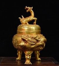 Collect old pure copper gilt hand made pelycosaur unicorn lid incense burner
