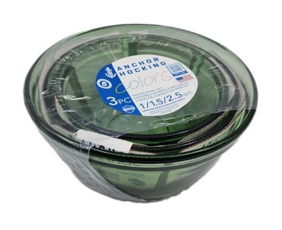 Set of 3 Anchor Hocking Green Glass Mixing Bowl Set ,1 Qt, 1.5-Qt, 2.5-Qt