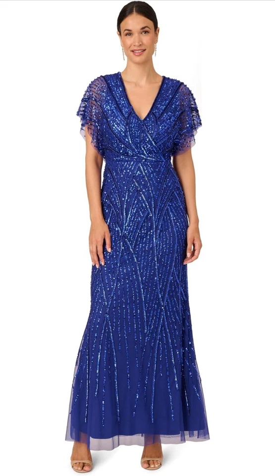 Vestido largo para mujer Adrianna Papell azul adornado manga acampanada talla 12 Foto 2 de 4