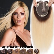 U Shape Remy Topper Human Hair Silk Base Clip In Toupee Hairpiece Side Part Wigs