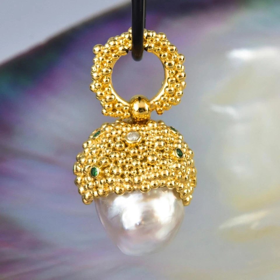 Gigantische South Sea Pearl Pendant Gold Vermeil Sterling, Diamant - & Smaragd - Bild 3 von 4