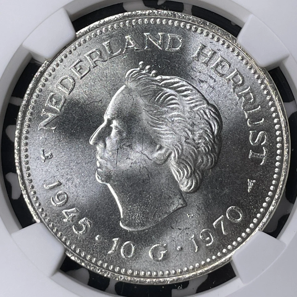 1970 Aniversario Liberación de los Países Bajos 10 florines NGC MS64 Lote #MK116 ¡Plata! Foto 2 de 3