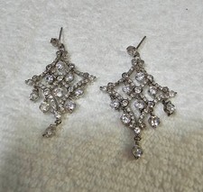 925 Sterling Stud Earrings Diamond Shaped w dangling Clear Stones-Sparkling-READ