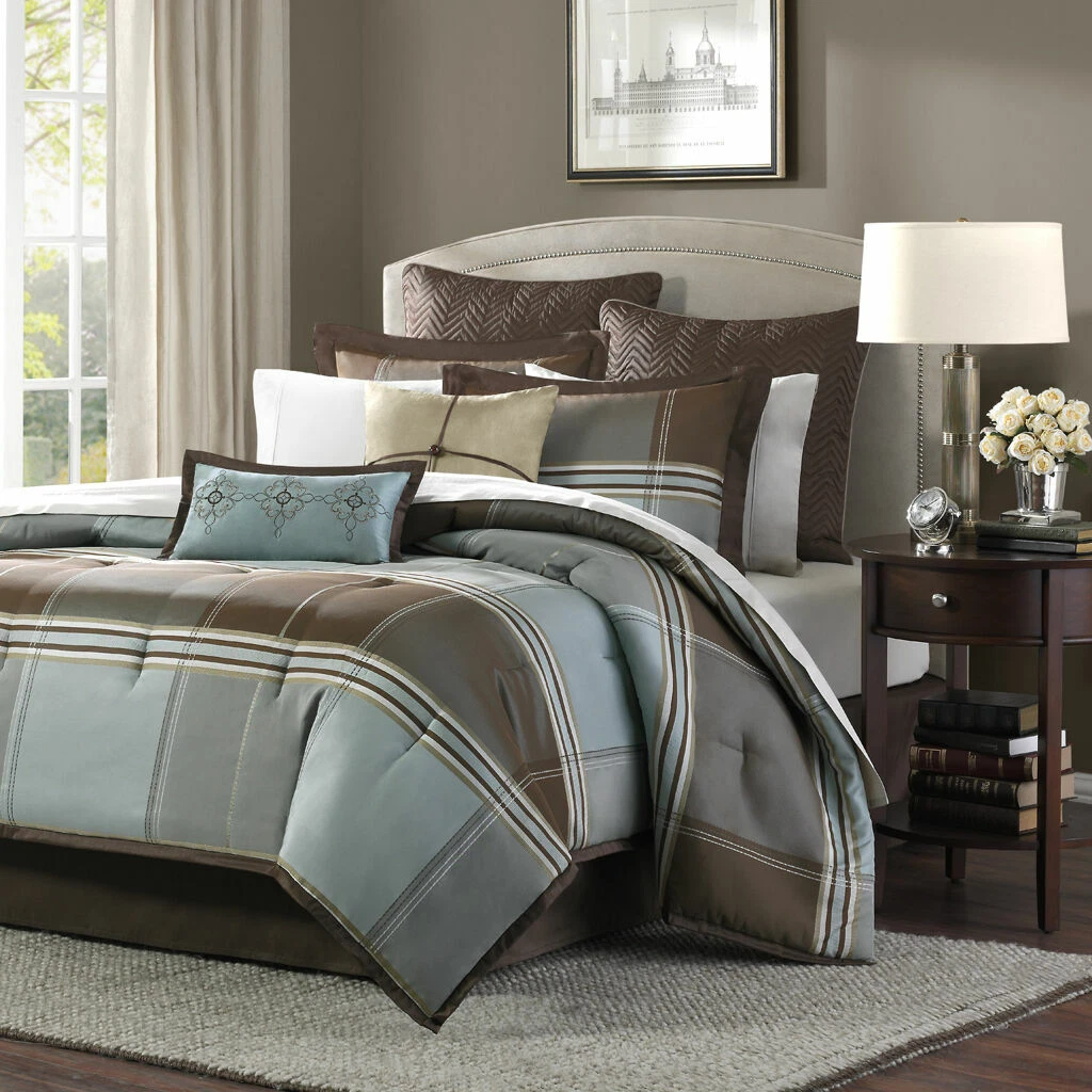 Blue and brown on sale comforter sets queen