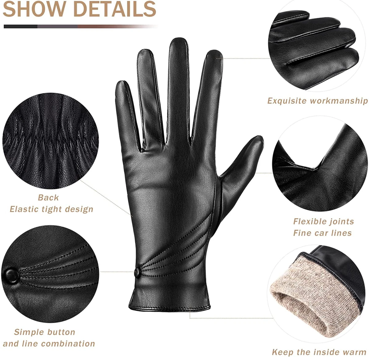 HYCLAM Guantes de Piel auténtica para Mujer, cálidos Guantes de Piel para  Mujer, Manoplas de Piel auténtica con Hebilla Lateral para Invierno para